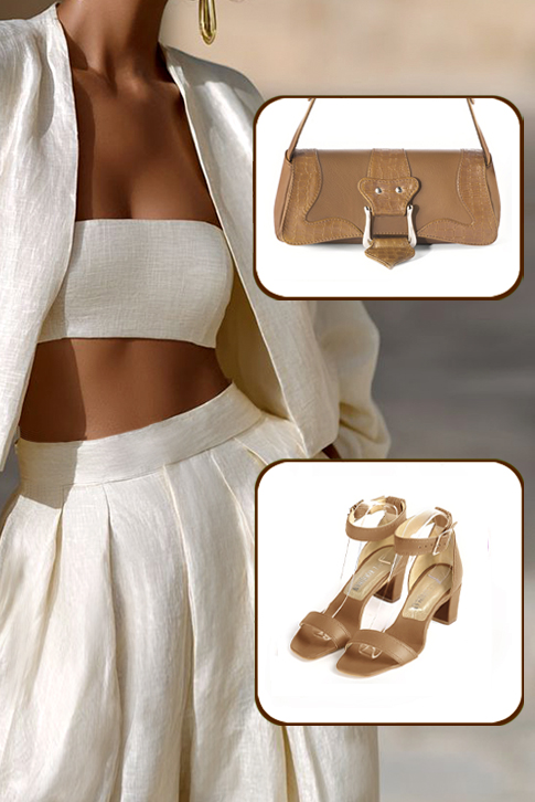 Dress sandals ankle strap in camel beige leather with medium block heels and square toe - Worn view
